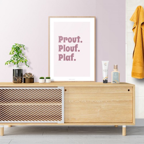 Affiche humour toilettes citation "Prout Plouf Plaf" décoration murale poster WC en couleurs Violet mauve JPG (fichier à imprimer soi-même) - Poster personnalisable sur mesure