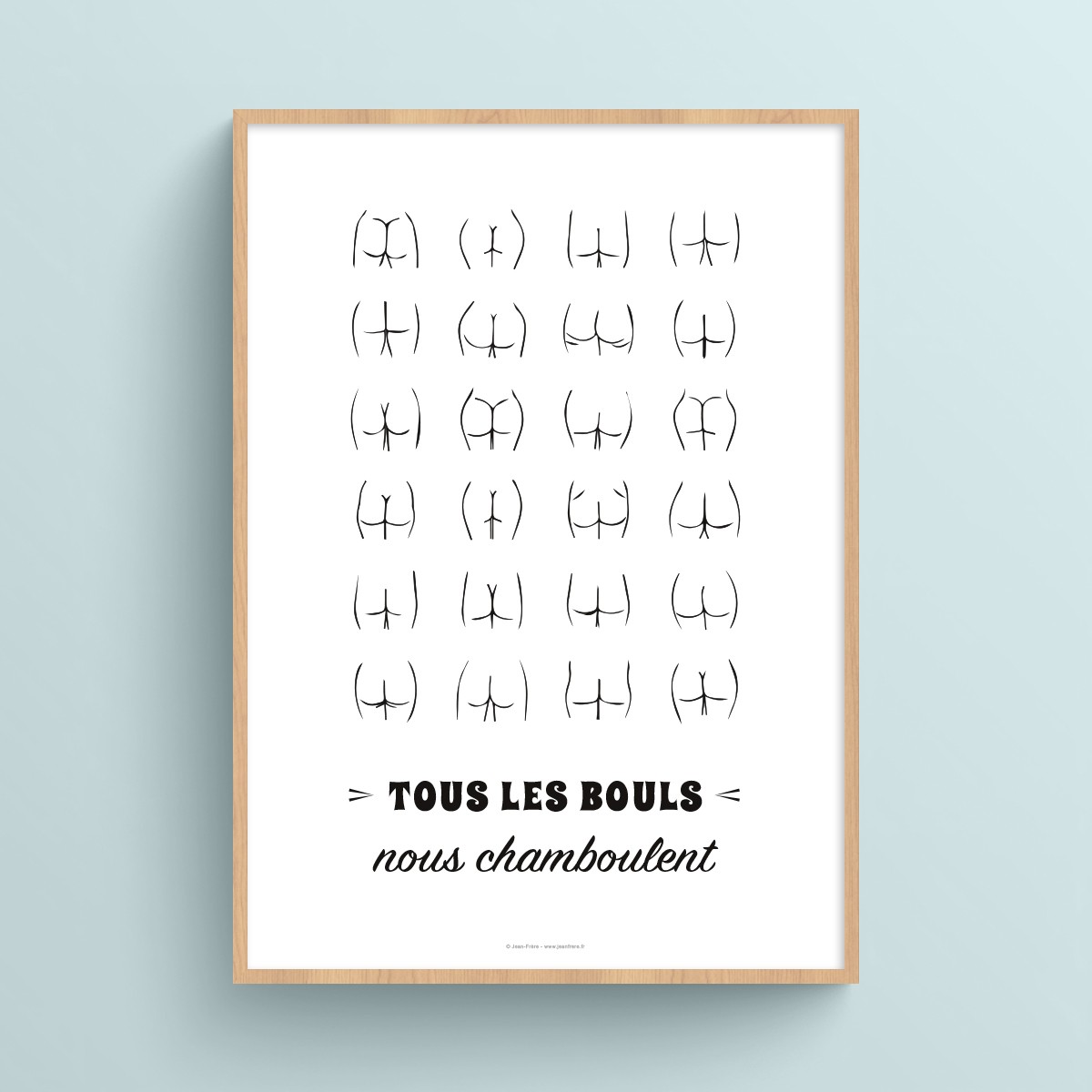 Affiche toilette citation humour "Tous les bouls nous chamboulent" avec illustration fesses pour WC JPG (fichier à imprimer soi-même)