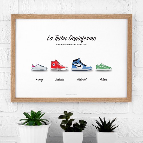 Affiche personnalisée famille chaussures sneakers multi-marques Blanc Typo Feutre JPG (fichier à imprimer soi-même) - Poster personnalisable sur mesure