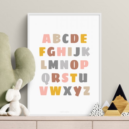 Affiche éveil alphabet : poster d'apprentissage des lettres pour enfant Multi-couleurs chaudes pastels Typo Fat JPG (fichier à imprimer soi-même)