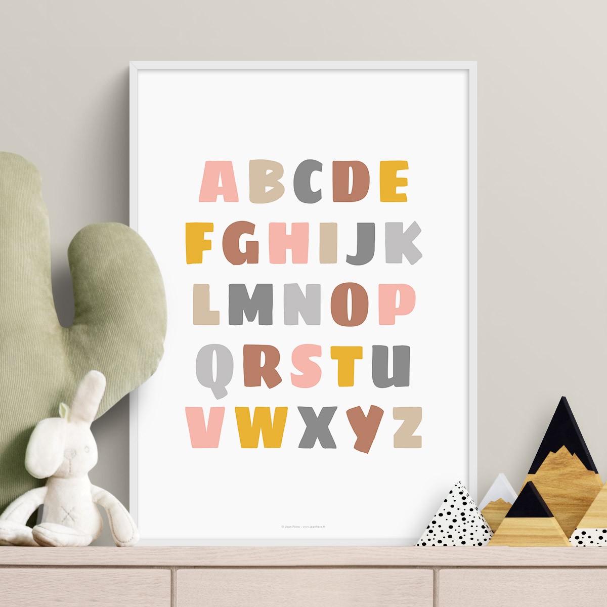 Affiche éveil alphabet : poster d'apprentissage des lettres pour enfant Multi-couleurs chaudes pastels Typo Fat JPG (fichier à imprimer soi-même)