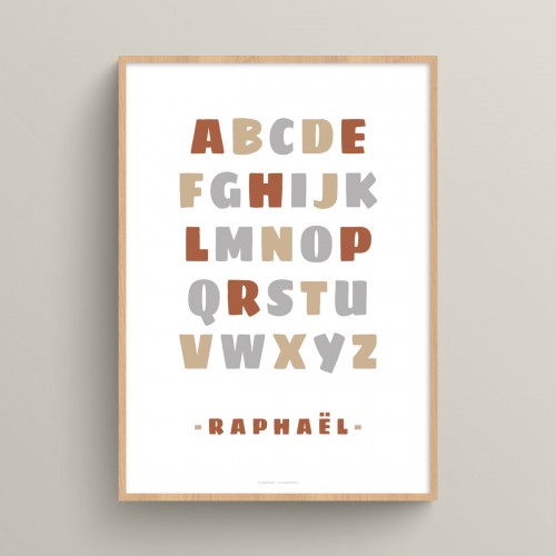 Affiche prénom personnalisé alphabet : poster d'éveil aux lettres avec nom d'enfant Terracotta et Beige crème JPG (fichier à imprimer soi-même) - Poster personnalisable sur mesure