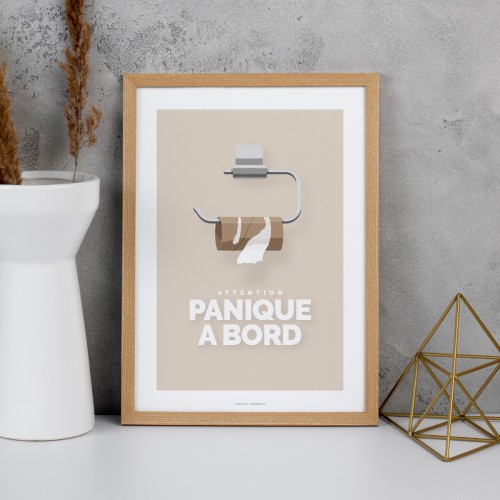 Affiche wc humour pour toilettes propres avec citation drôle "Panique à bord" Beige crème pastel JPG (fichier à imprimer soi-même)