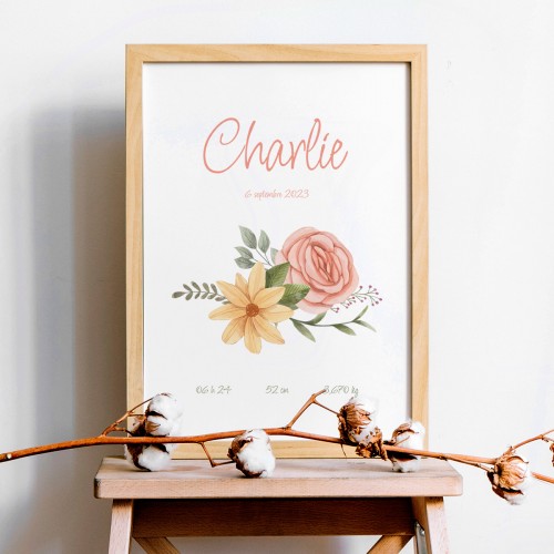 Affiche naissance à imprimer prénom personnalisé et bouquet de fleurs Rose chair et Vert sauge JPG (fichier à imprimer soi-même)