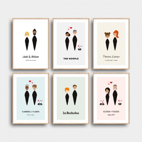 Affiche couple personnalisé avec visages minimalistes Blanc Typo Feutre JPG (fichier à imprimer soi-même)